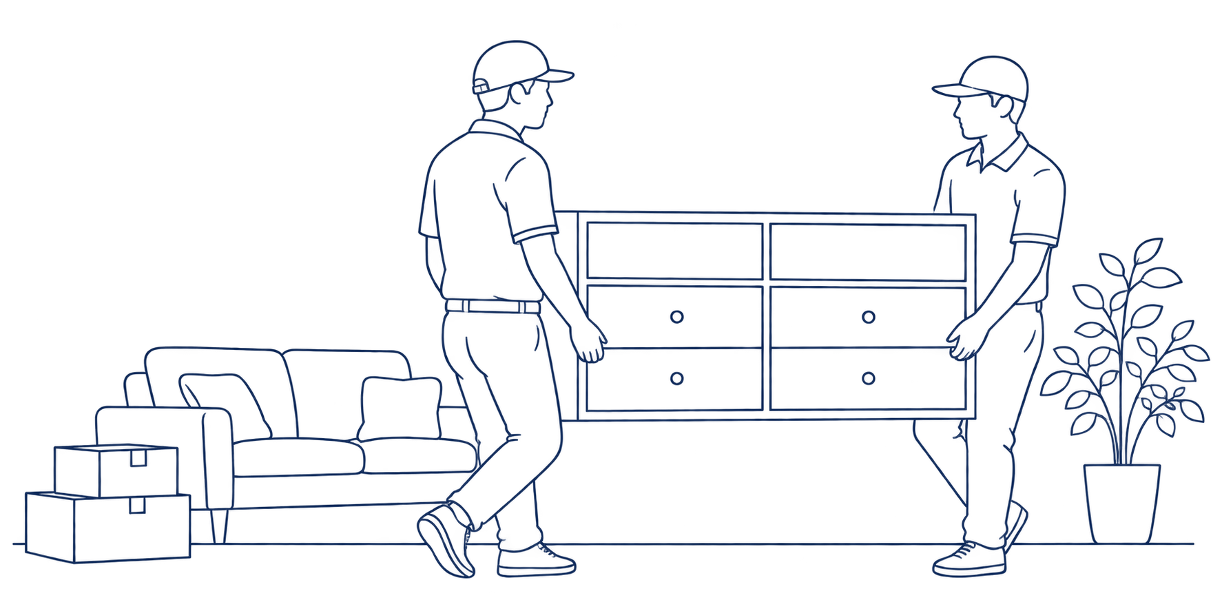 家具を搬出するスタッフの線画イラスト
