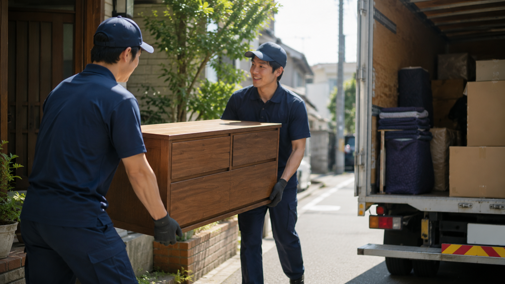 不用品回収で家具を運び出すスタッフ
